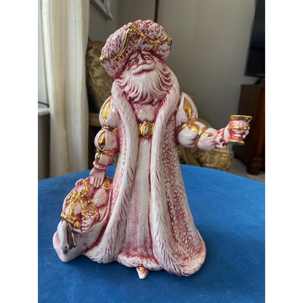 Vintage Gare bisque porcelain Santa Claus hand-painted pink gold accents.